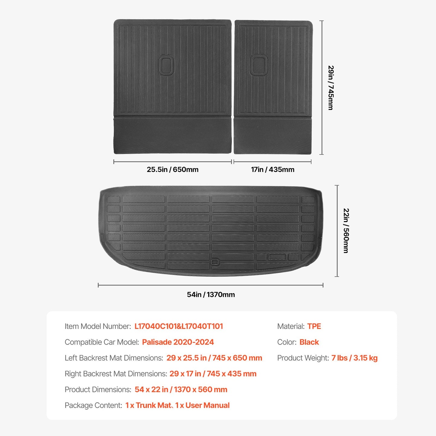 Cargo Mats Compatible with Hyundai Palisade 2020-2024, Custom Fit TPE Cargo Liner Set for SUVs, Trunk and Rear Back Seat Protector Replacement, Black, Trunk Mat and Backrest Mats