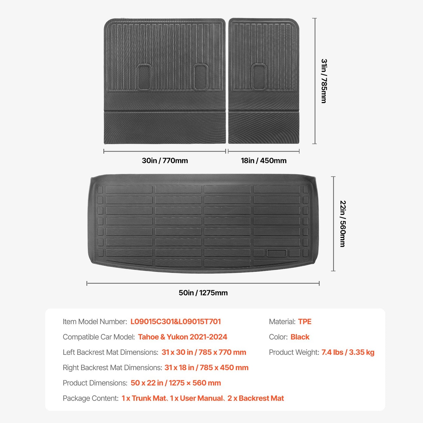 Cargo Mats Compatible Chevrolet Tahoe & GMC Yukon 2021-2024, Custom Fit TPE Cargo Liner Set for SUVs, Trunk and Rear Back Seat Protector Replacement, Trunk Mat and Backrest Mats