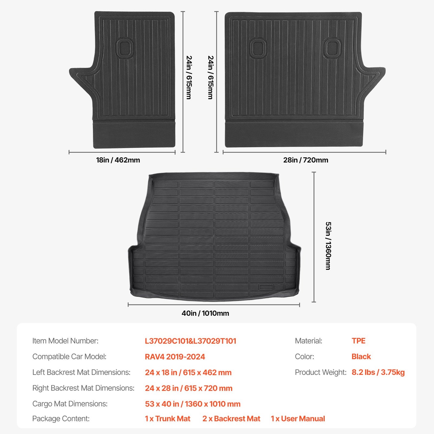 Cargo Mats Compatible with Toyota RAV4 2019-2024, Custom Fit TPE Cargo Liner Set for SUVs, Trunk and Rear Back Seat Protector Replacement, Black, Trunk Mat and Backrest Mats