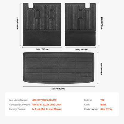 Cargo Mats Compatible with 2016-2022 & 2023-2024 Honda Pilot, Custom Fit TPE Cargo Liner Set for SUVs, Trunk and Back Seat Protector Replacement, Black, Trunk Mat and Backrest Mats