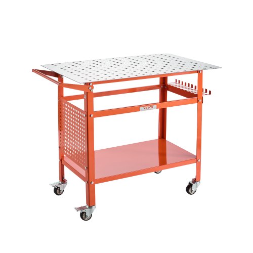 Welding Table, 40" x 24" Welding Workbench Table with 800LBS Static Weight Capacity, Movable Steel Work Bench with 4 Wheels (2 with Brake), Double-Layer Storage Board and 5/8-inch Fixture Holes