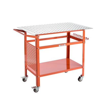 Welding Table, 40" x 24" Welding Workbench Table with 800LBS Static Weight Capacity, Movable Steel Work Bench with 4 Wheels (2 with Brake), Double-Layer Storage Board and 5/8-inch Fixture Holes