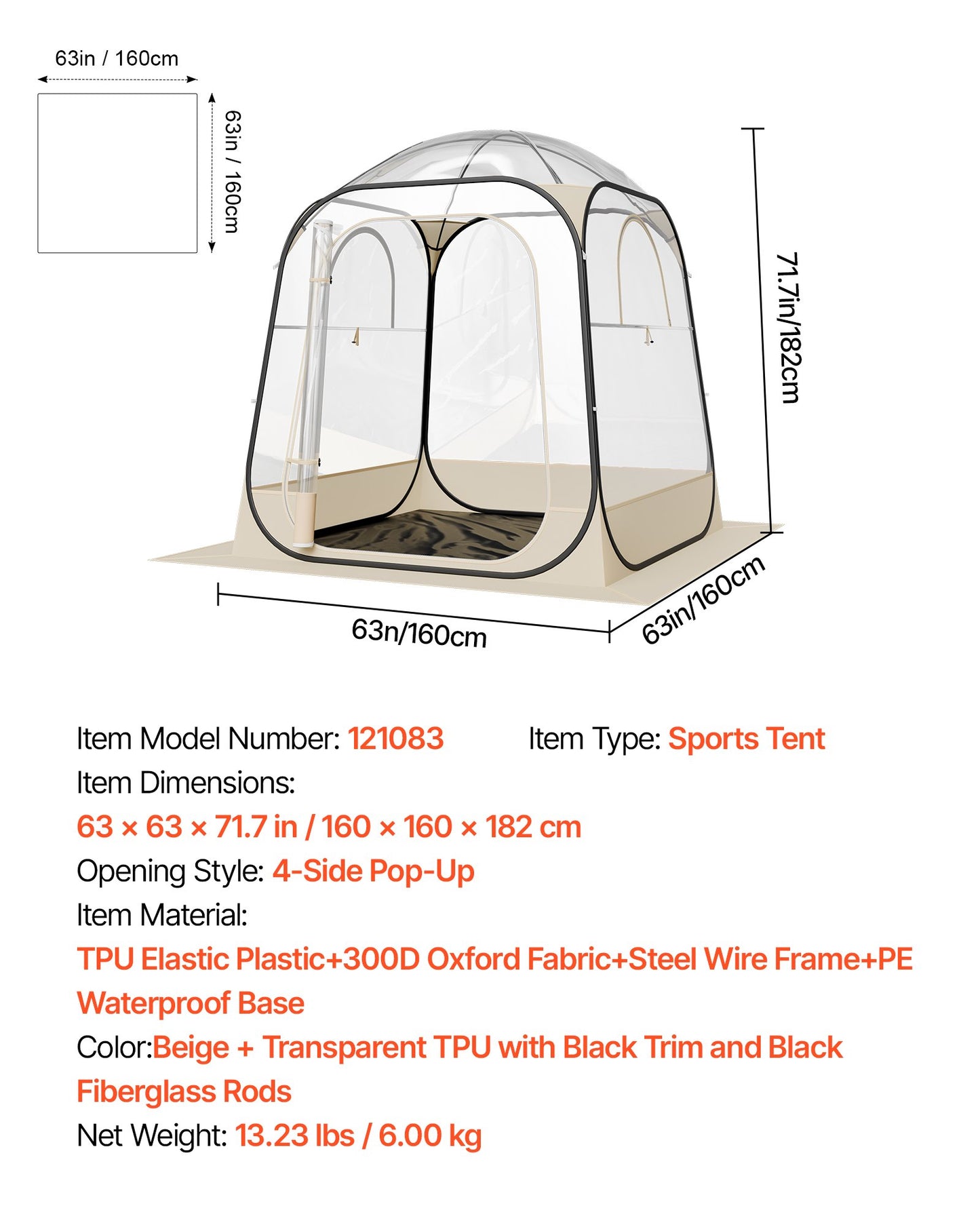 Pop up Sports Tent, 63x63 in Clear Bubble Tent for 2-4 Persons, Waterproof Outdoor Pod with Floor Mat & Top Cover, Garden Igloo Dome Tents Camping Shelter for Events Fishing Cheering