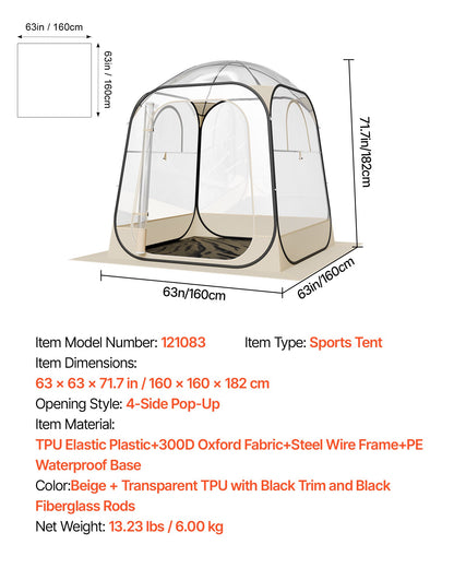 Pop up Sports Tent, 63x63 in Clear Bubble Tent for 2-4 Persons, Waterproof Outdoor Pod with Floor Mat & Top Cover, Garden Igloo Dome Tents Camping Shelter for Events Fishing Cheering