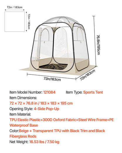 Pop up Sports Tent, 72x72 in Clear Bubble Tent for 2-4 Persons, Waterproof Outdoor Pod with Floor Mat & Top Cover, Garden Igloo Dome Tents Camping Shelter for Events Fishing Cheering