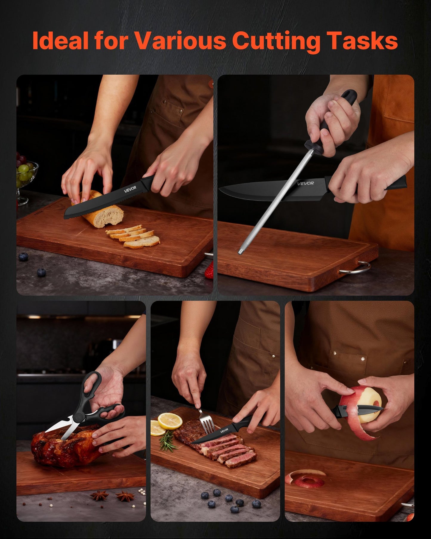 Kitchen Knife Set with Block and Sharpener, 15 Piece German High Carbon Stainless Steel Knife Set, Kitchen Cutlery with PP Ergonomic Handle, Sharpening Rod and Wooden Block, for Home Cooks