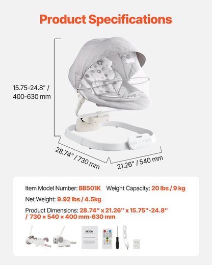 Babygunga för spädbarn 3 hastigheter 3 sätespositioner Fjärrkontroll Bluetooth