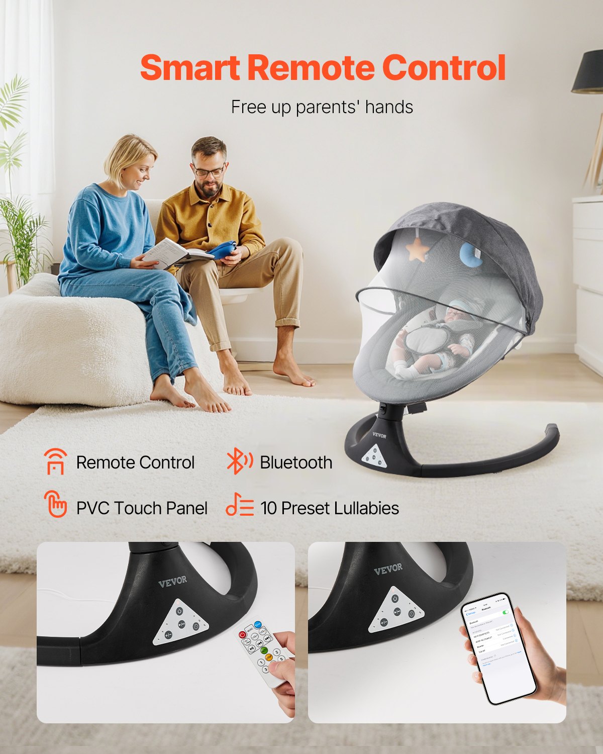 Babyschaukel für Kleinkinder 5 Geschwindigkeiten 3 Sitzpositionen Bluetooth-Fernbedienung