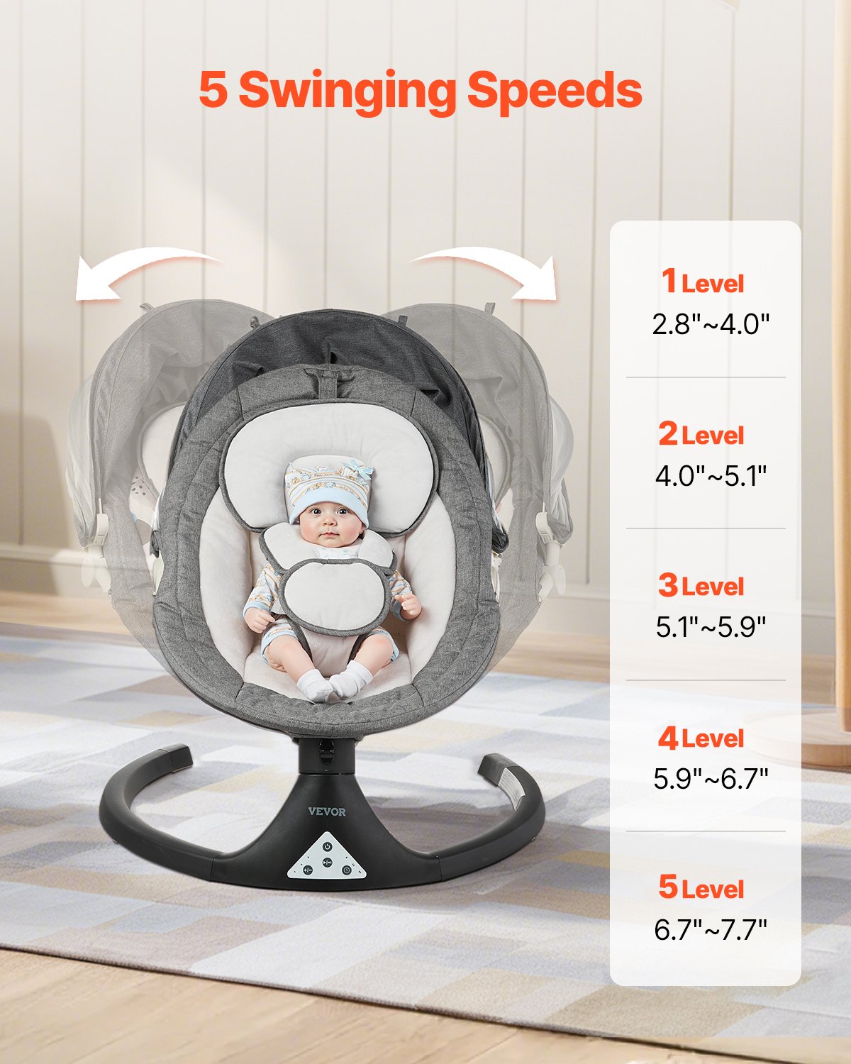 Baby Swing, 5-Speed Baby Rocker with 3 Seat Position, Portable Infant Swing for Newborn with PVC Touch Panel, Remote Control, Bluetooth, 10 Lullabies & Toy Bar for 0-9 Month/0-20 lbs Boys Girls