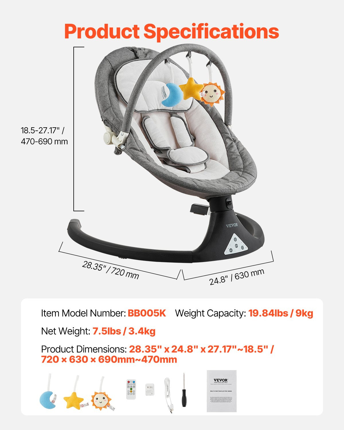 Baby Swing, 5-Speed Baby Rocker with 3 Seat Position, Portable Infant Swing for Newborn with PVC Touch Panel, Remote Control, Bluetooth, 10 Lullabies & Toy Bar for 0-9 Month/0-20 lbs Boys Girls