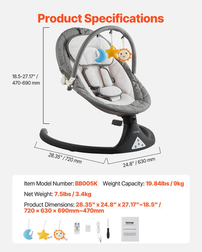 Baby Swing, 5-Speed Baby Rocker with 3 Seat Position, Portable Infant Swing for Newborn with PVC Touch Panel, Remote Control, Bluetooth, 10 Lullabies & Toy Bar for 0-9 Month/0-20 lbs Boys Girls