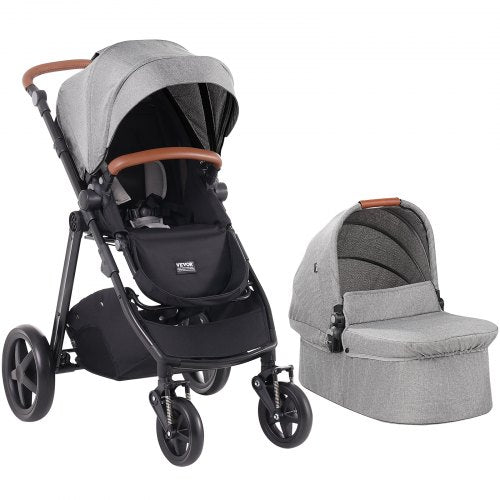 Travel System Stroller with Infant Bassinet, 2-in-1 Baby Cradle Stroller Combo, Reversible Seat, Easy One-button Folding, EVA Tires with Brake Aluminum Stroller Carseat Combo Set (Dark Gray)