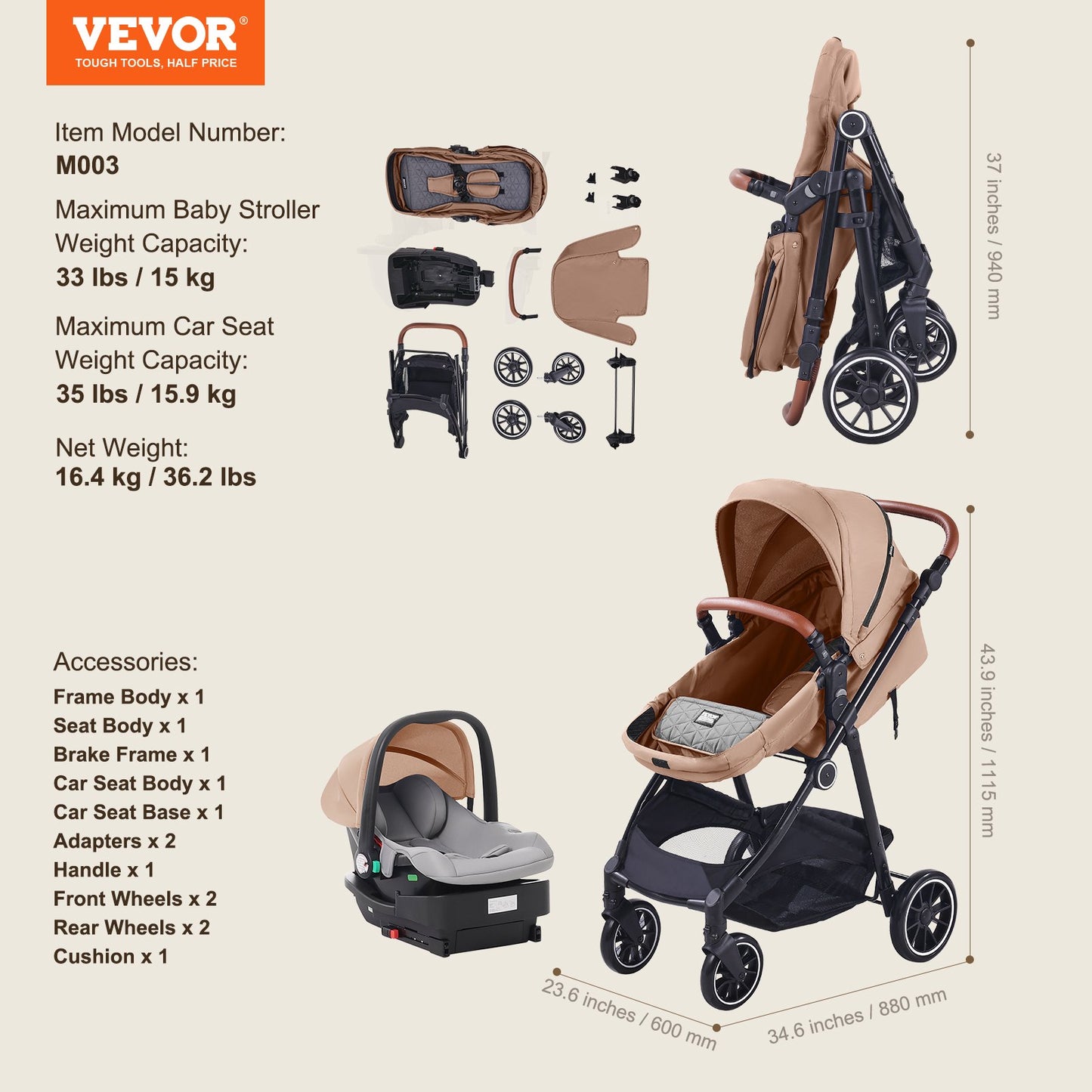 Kinderwagen-Reisesystem mit Autositz Playard Baby Combo Set Tan Brown