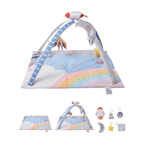 Baby Play Gym Mat, Tummy Time Mat with 6 Sensory Toys, Baby Activity Mat with Light-up Musical Rocket Toy for 0-18 Month Newborn Infant, Baby Essential Gift for Sensory & Motor Skill Development