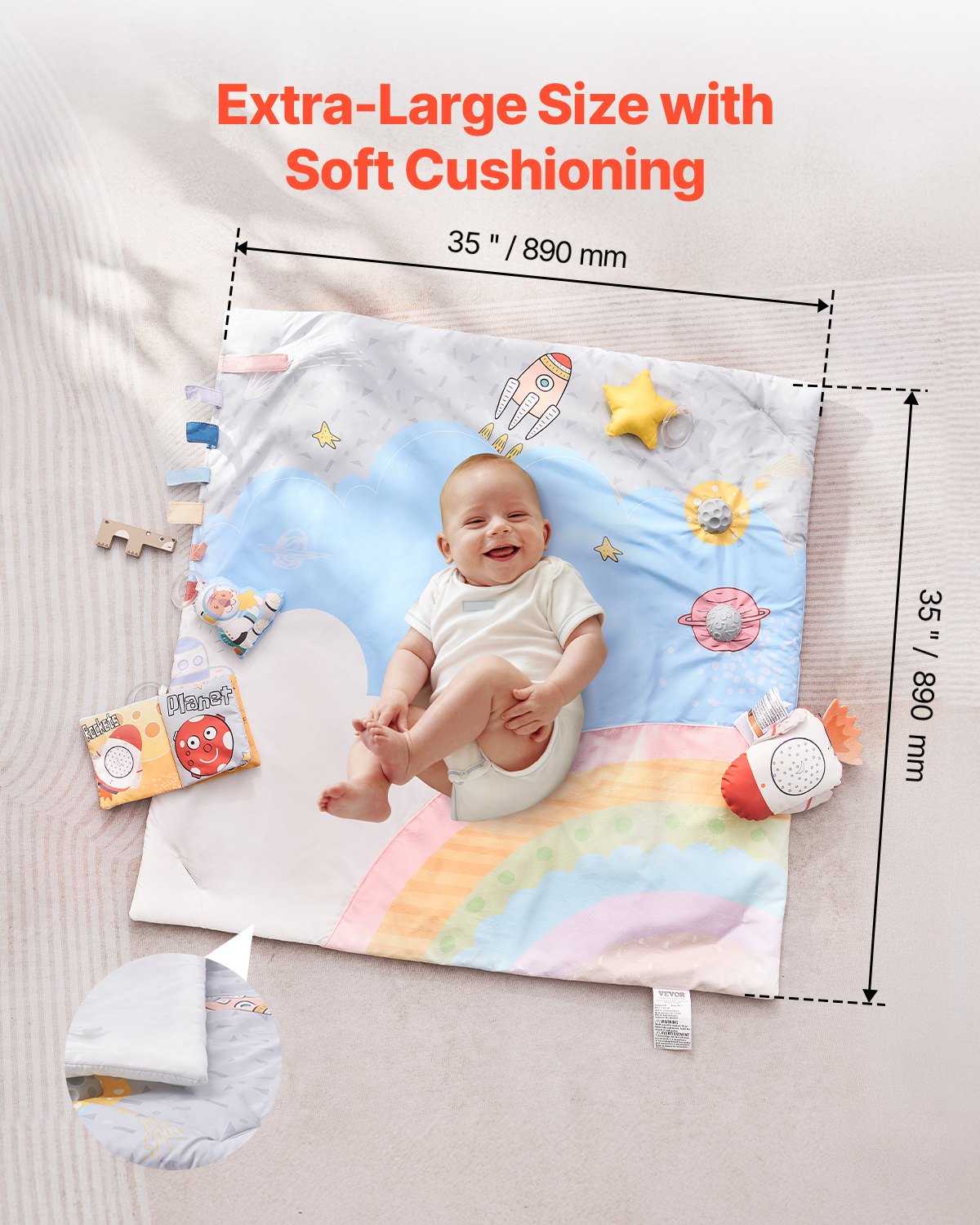 Baby-Spielturnmatte, Bauchzeit-Aktivitätsmatte mit 6 sensorischen Spielzeugen, 88,9 x 88,9 cm