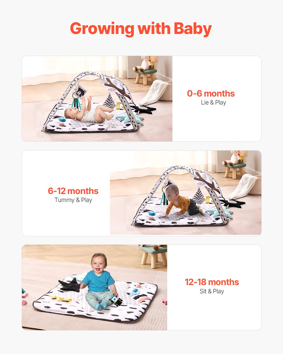 Baby Play Gym Mat Tummy Time Activity Mat with 6 Sensory Toys 34.4" x 34.4