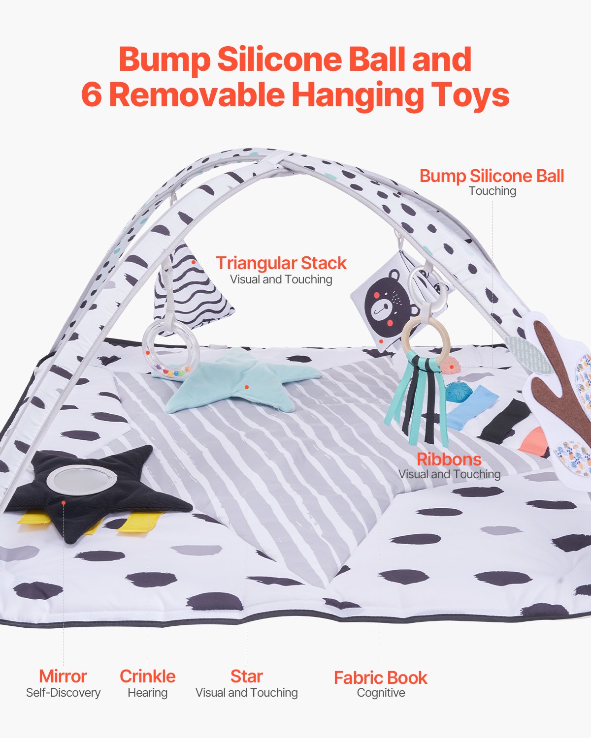 Baby Play Gym Mat Tummy Time Activity Mat with 6 Sensory Toys 34.4" x 34.4