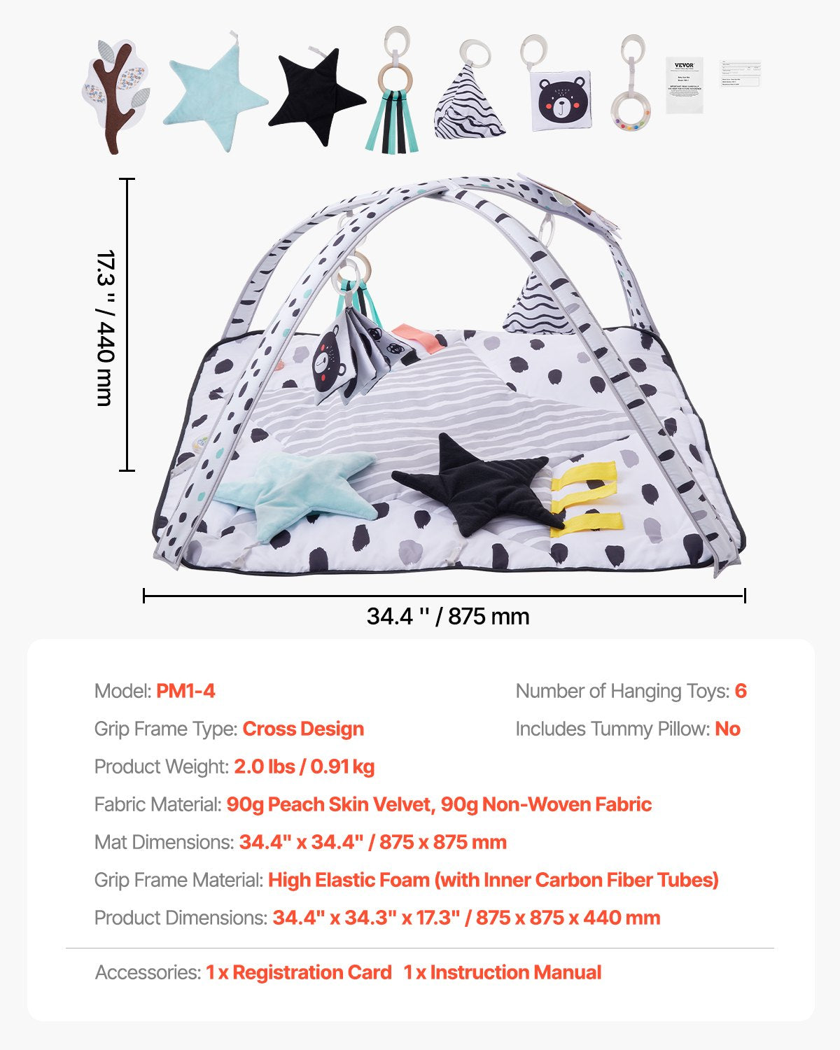 Baby Play Gym Mat Tummy Time Activity Mat with 6 Sensory Toys 34.4" x 34.4