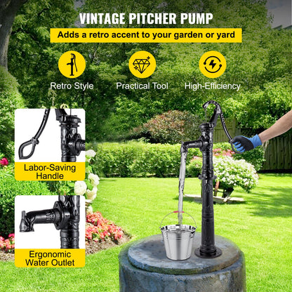 Hand Water Pump with Stand 15.7 x 9.4 x 53.1 inch Pitcher Pump & 26 inch Pump Stand with Pre-set 1/2\" Holes for Easy Installation Rustic Cast Iron Well Pump for Yard Garden Farm Irrigation Blac