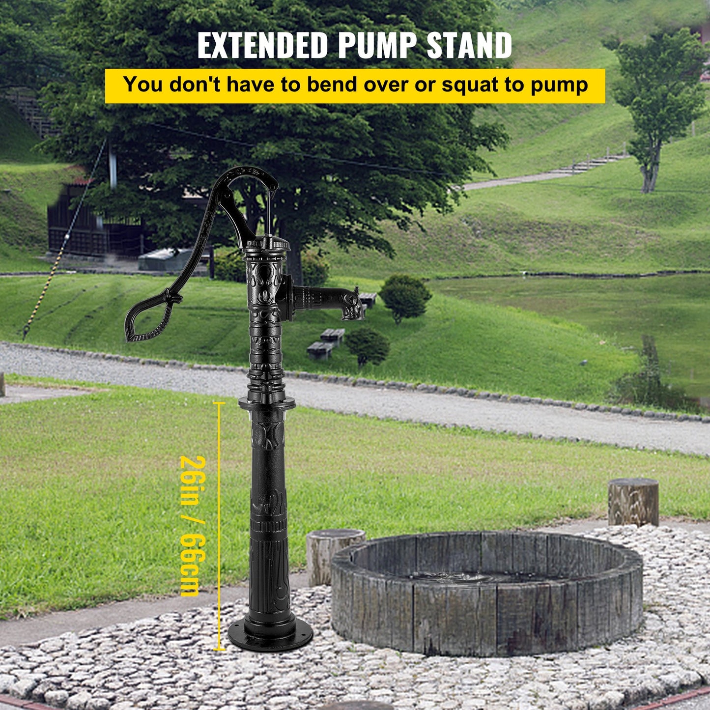 Handwasserpumpe mit Ständer, 15,7 x 9,4 x 53,1 Zoll Krugpumpe und 26 Zoll Pumpenständer mit voreingestellten 1/2-Zoll-Löchern für einfache Installation, rustikale Brunnenpumpe aus Gusseisen für Garten, Hof, Hofbewässerung, schwarz