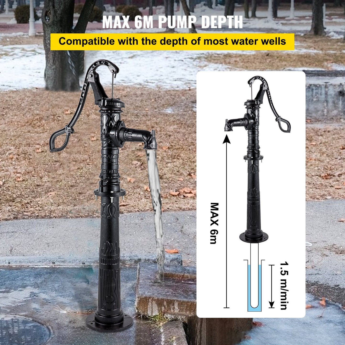 Hand Water Pump with Stand 15.7 x 9.4 x 53.1 inch Pitcher Pump & 26 inch Pump Stand with Pre-set 1/2\" Holes for Easy Installation Rustic Cast Iron Well Pump for Yard Garden Farm Irrigation Blac