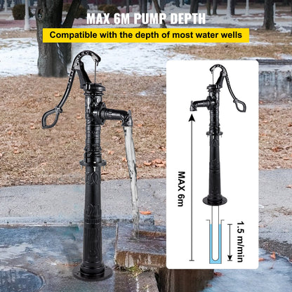 Hand Water Pump with Stand 15.7 x 9.4 x 53.1 inch Pitcher Pump & 26 inch Pump Stand with Pre-set 1/2\" Holes for Easy Installation Rustic Cast Iron Well Pump for Yard Garden Farm Irrigation Blac