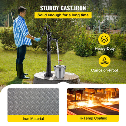 Hand Water Pump with Stand 15.7 x 9.4 x 53.1 inch Pitcher Pump & 26 inch Pump Stand with Pre-set 1/2\" Holes for Easy Installation Rustic Cast Iron Well Pump for Yard Garden Farm Irrigation Blac