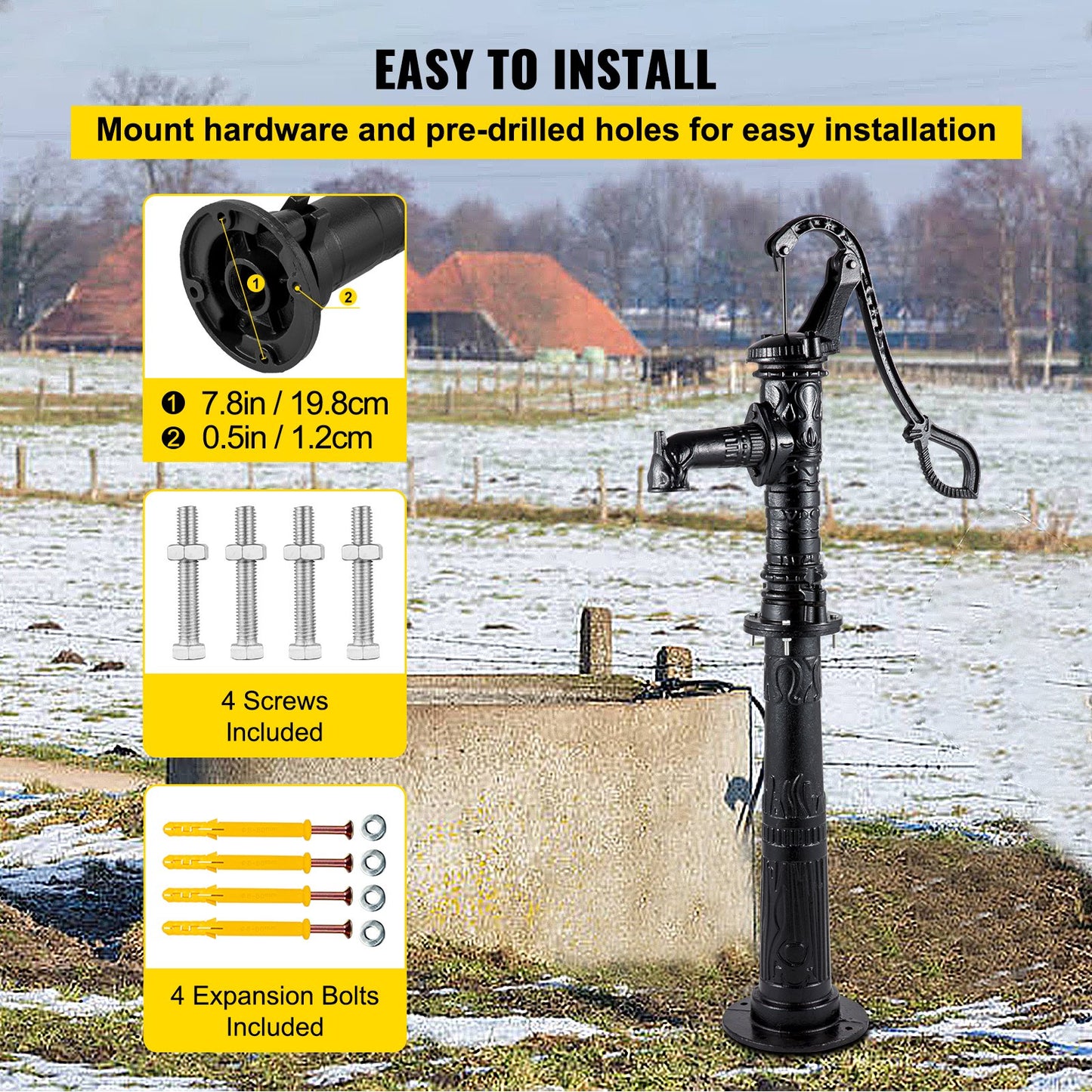 Hand Water Pump with Stand 15.7 x 9.4 x 53.1 inch Pitcher Pump & 26 inch Pump Stand with Pre-set 1/2\" Holes for Easy Installation Rustic Cast Iron Well Pump for Yard Garden Farm Irrigation Blac
