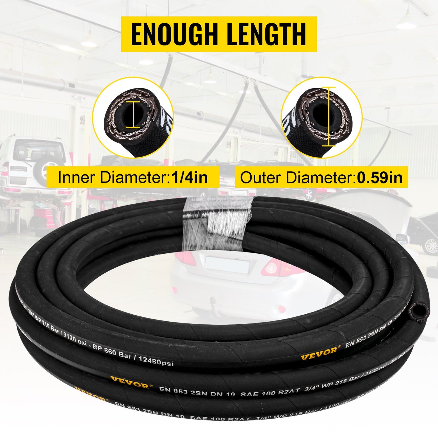 Hydraulic Hose 1/4 inch x 100 ft, Coiled Hydraulic Hose 5800 PSI, Rubber Hydraulic Hose with 2 High-Tensile Steel Wire Braid, Bulk Hydraulic Hose -20℃ to 140℃, Hydraulic Oil Flexible Hose