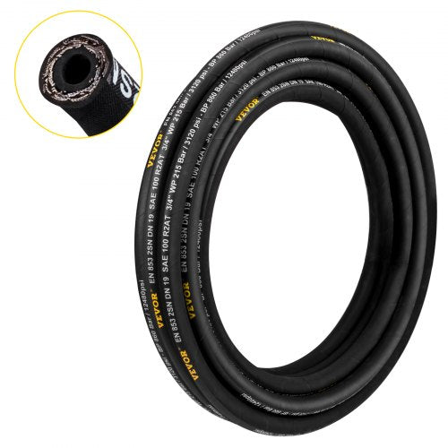 Hydraulic Hose 3/4 inch x 50 ft, Coiled Hydraulic Hose 3120 PSI, Rubber Hydraulic Hose with 2 High-Tensile Steel Wire Braid, Bulk Hydraulic Hose -20℃ to 140℃, Hydraulic Oil Flexible Hose