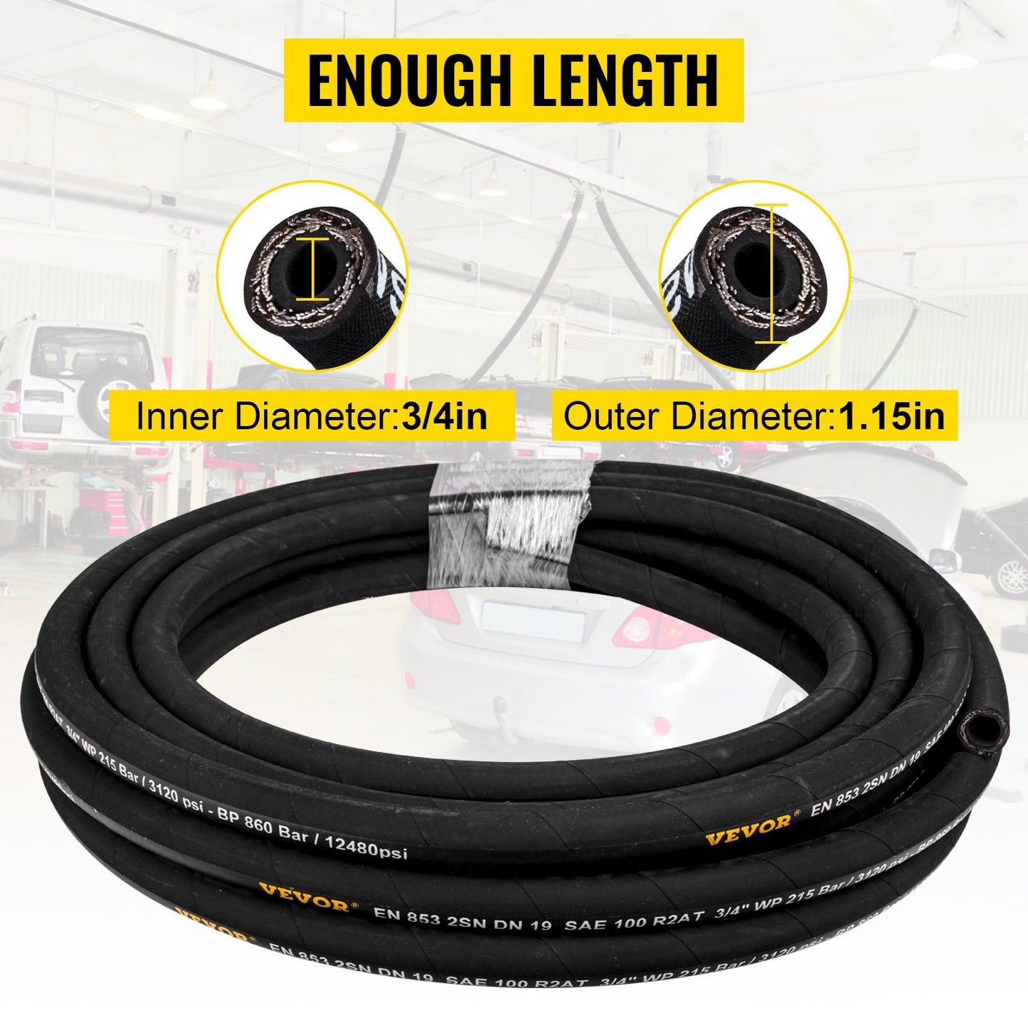 Hydraulic Hose 3/4 inch x 50 ft, Coiled Hydraulic Hose 3120 PSI, Rubber Hydraulic Hose with 2 High-Tensile Steel Wire Braid, Bulk Hydraulic Hose -20℃ to 140℃, Hydraulic Oil Flexible Hose