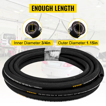 Hydraulic Hose 3/4 inch x 50 ft, Coiled Hydraulic Hose 3120 PSI, Rubber Hydraulic Hose with 2 High-Tensile Steel Wire Braid, Bulk Hydraulic Hose -20℃ to 140℃, Hydraulic Oil Flexible Hose