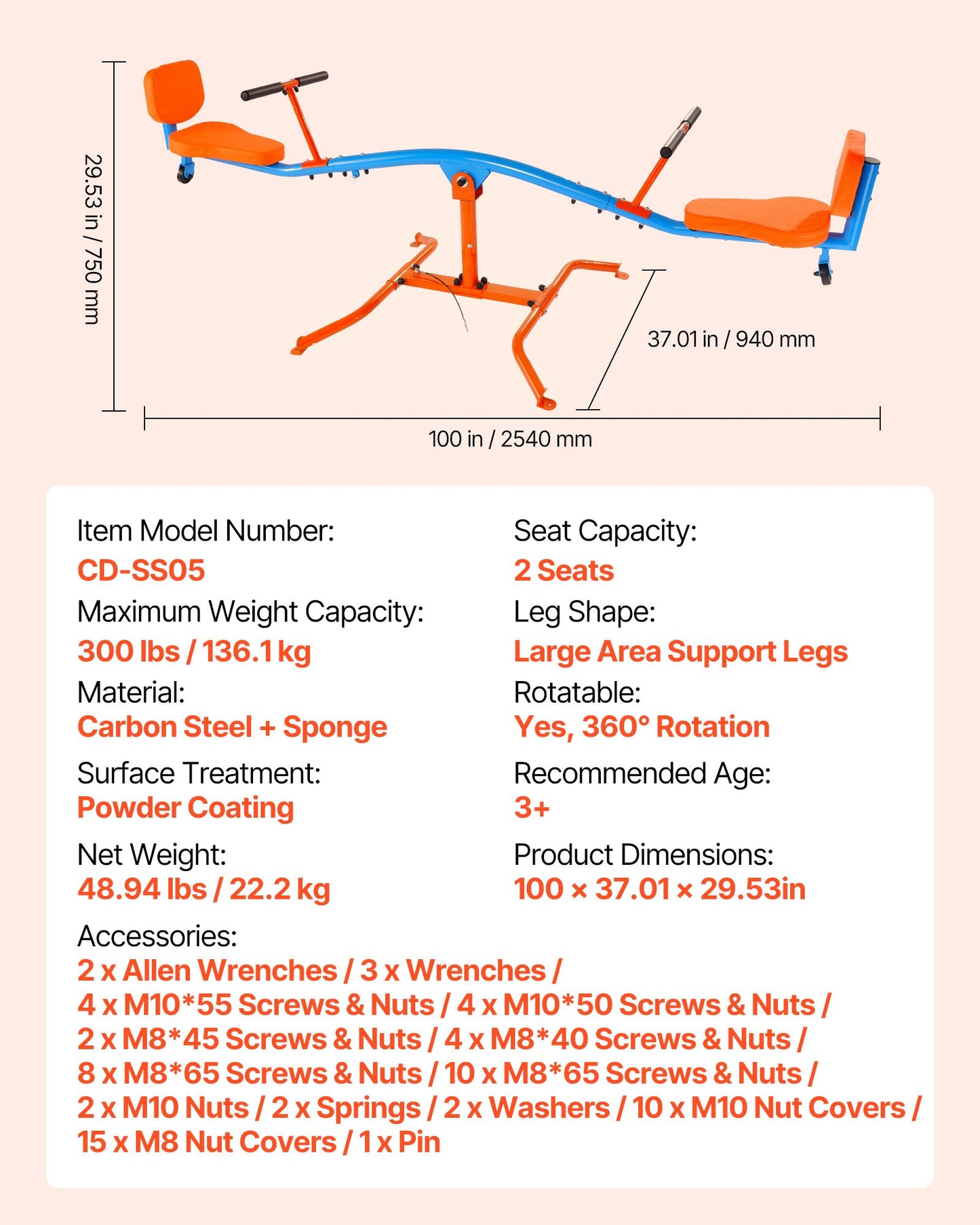 Kids Seesaw, 300 lbs Load Capacity, Sit and Spin Teeter Totter with Easy-Grip Handles, Kids Outdoor Playground Equipment, Outside Toys, Swiveling 360 Degrees Rotating for Children Aged 3+