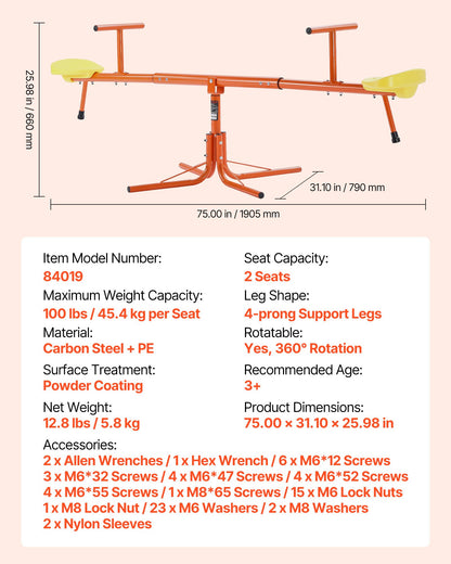 Kids Seesaw, 100 lbs Load Capacity per Seat, Sit and Spin Teeter Totter with 4-prong Support Legs, Kids Outdoor Playground Equipment, Swiveling 360 Degrees Rotating for Children Aged 3+