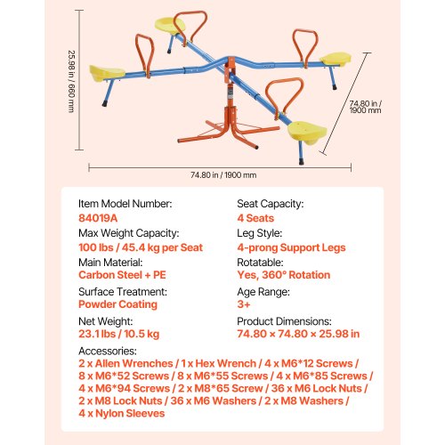 Wippe für Kinder, 2-4 Personen, 50 kg Kapazität, 360 Grad drehbare Wippe, ab 3 Jahren