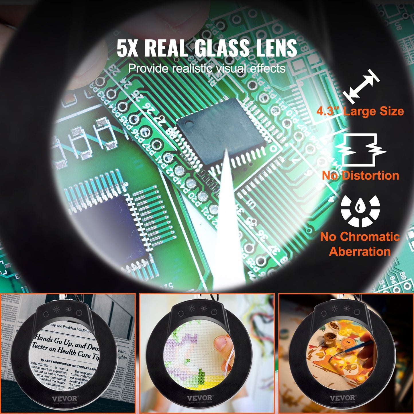 Förstoringsglas med ljus & bas 5X förstoringslampa 4,3" lins 5 färg