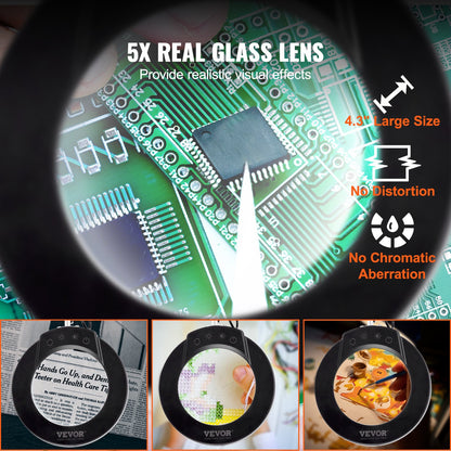 Förstoringsglas med ljus & bas 5X förstoringslampa 4,3" lins 5 färg