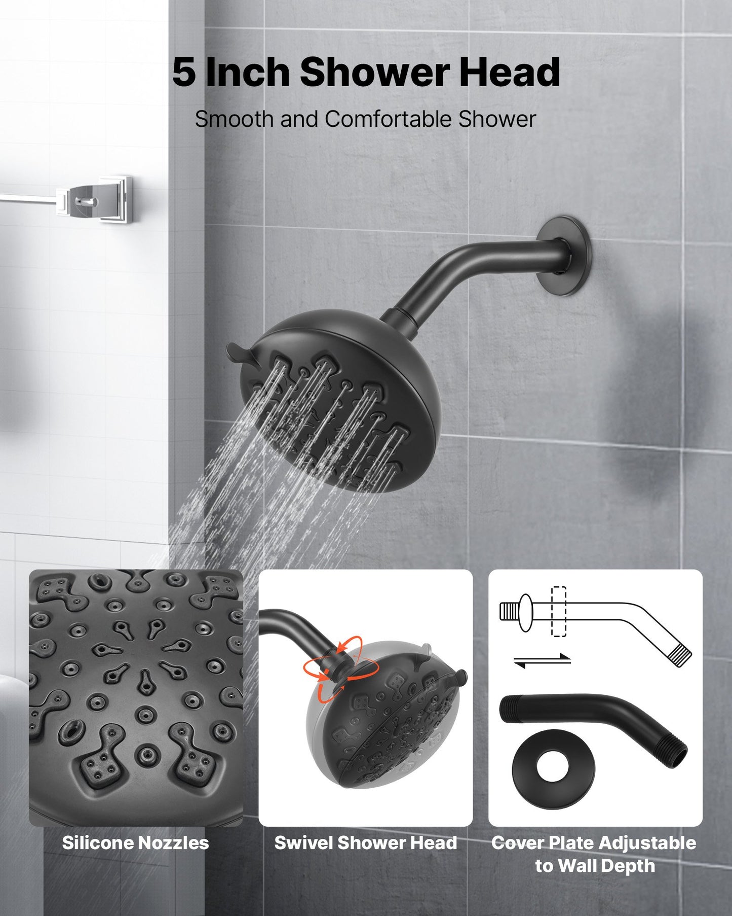Tub and Shower Faucet Set, 5-Inch Rainfall Shower Head and Bathtub Spout, Complete Single-Handle Tub Trim Kit with Brass Pressure Balancing Valve, 8-Setting Adjustable Spray Modes, Matte Black