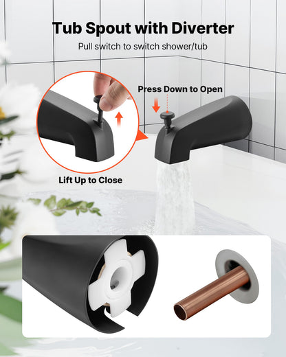 Tub and Shower Faucet Set, 5-Inch Rainfall Shower Head and Bathtub Spout, Complete Single-Handle Tub Trim Kit with Brass Pressure Balancing Valve, 8-Setting Adjustable Spray Modes, Matte Black