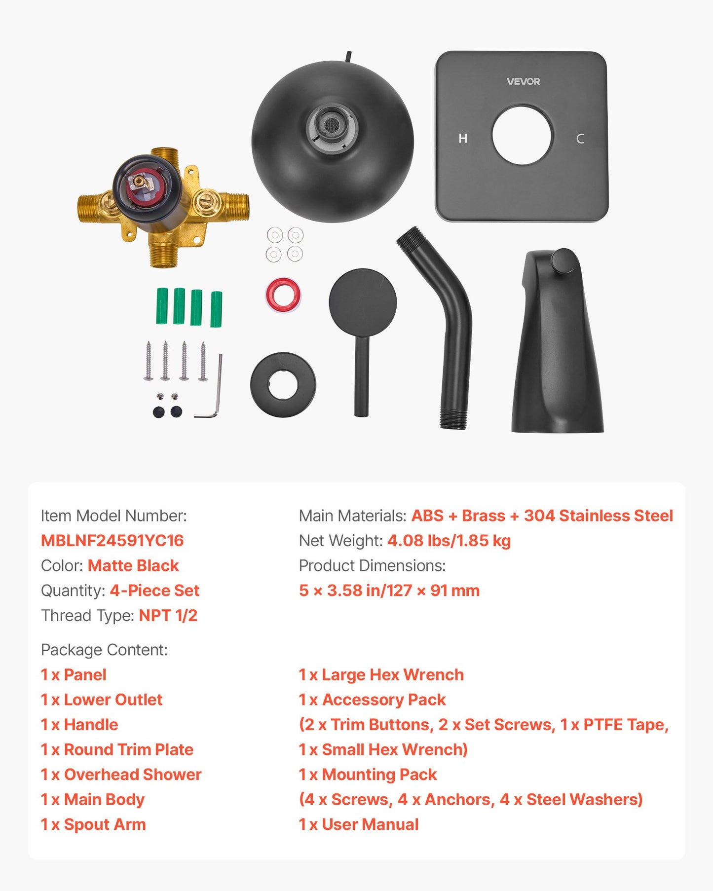 Tub and Shower Faucet Set, 5-Inch Rainfall Shower Head and Bathtub Spout, Complete Single-Handle Tub Trim Kit with Brass Pressure Balancing Valve, 8-Setting Adjustable Spray Modes, Matte Black