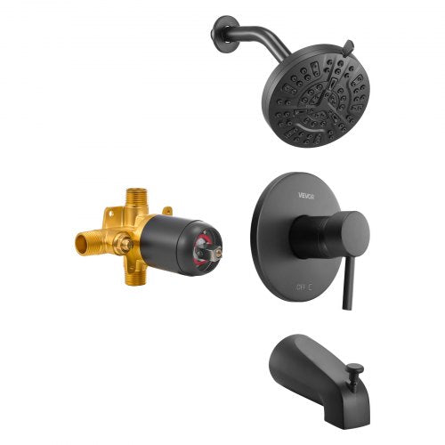Tub and Shower Faucet Set, Complete with 5-Inch Rainfall Shower Head and Bathtub Spout, 8-Setting Adjustable Spray, Single-Handle Tub Trim Kit with Brass Pressure Balancing Valve, Matte Black