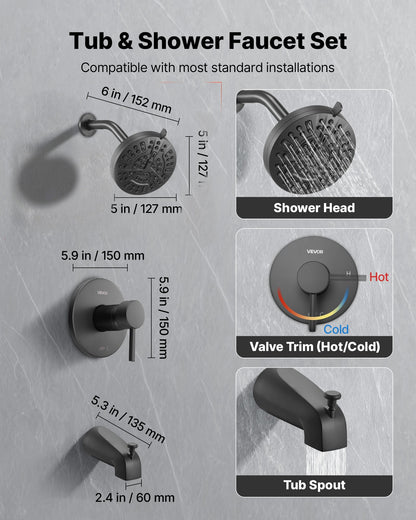 Tub and Shower Faucet Set, Complete with 5-Inch Rainfall Shower Head and Bathtub Spout, 8-Setting Adjustable Spray, Single-Handle Tub Trim Kit with Brass Pressure Balancing Valve, Matte Black