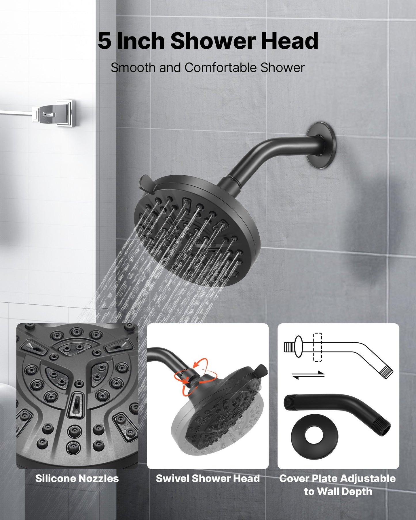Tub and Shower Faucet Set, Complete with 5-Inch Rainfall Shower Head and Bathtub Spout, 8-Setting Adjustable Spray, Single-Handle Tub Trim Kit with Brass Pressure Balancing Valve, Matte Black
