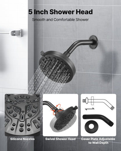 Tub and Shower Faucet Set, Complete with 5-Inch Rainfall Shower Head and Bathtub Spout, 8-Setting Adjustable Spray, Single-Handle Tub Trim Kit with Brass Pressure Balancing Valve, Matte Black