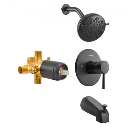 Tub and Shower Faucet Set, Complete with 4.7-Inch Rainfall Shower Head and Bathtub Spout, 9-Setting Adjustable Spray, Single-Handle Tub Trim Kit with Brass Pressure Balancing Valve, Matte Black