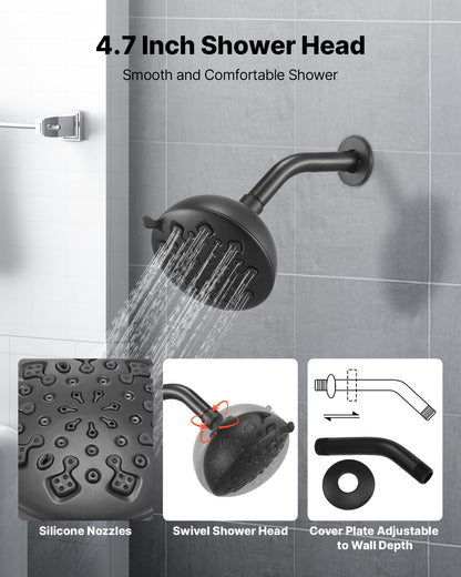 Tub and Shower Faucet Set, Complete with 4.7-Inch Rainfall Shower Head and Bathtub Spout, 9-Setting Adjustable Spray, Single-Handle Tub Trim Kit with Brass Pressure Balancing Valve, Matte Black