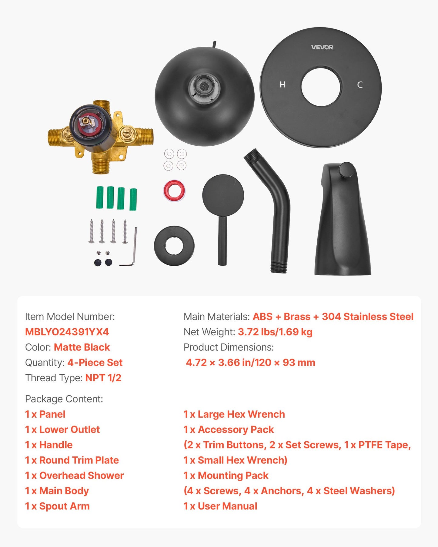 Tub and Shower Faucet Set, Complete with 4.7-Inch Rainfall Shower Head and Bathtub Spout, 9-Setting Adjustable Spray, Single-Handle Tub Trim Kit with Brass Pressure Balancing Valve, Matte Black