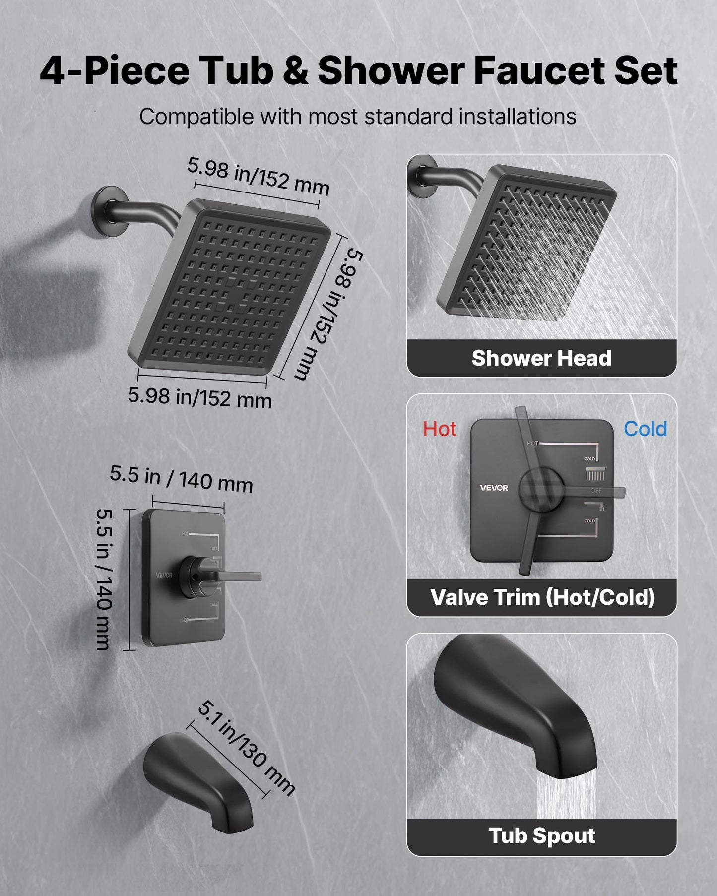 Tub and Shower Faucet Set, Complete with 6-Inch Rainfall Shower Head and Bathtub Spout, Single-Spray Single-Handle Tub Trim Kit with 304 Stainless Steel Valve Trim for Bathrooms, Matte Black