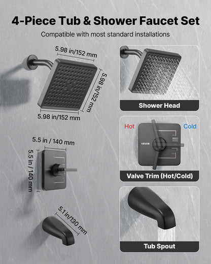 Tub and Shower Faucet Set, Complete with 6-Inch Rainfall Shower Head and Bathtub Spout, Single-Spray Single-Handle Tub Trim Kit with 304 Stainless Steel Valve Trim for Bathrooms, Matte Black
