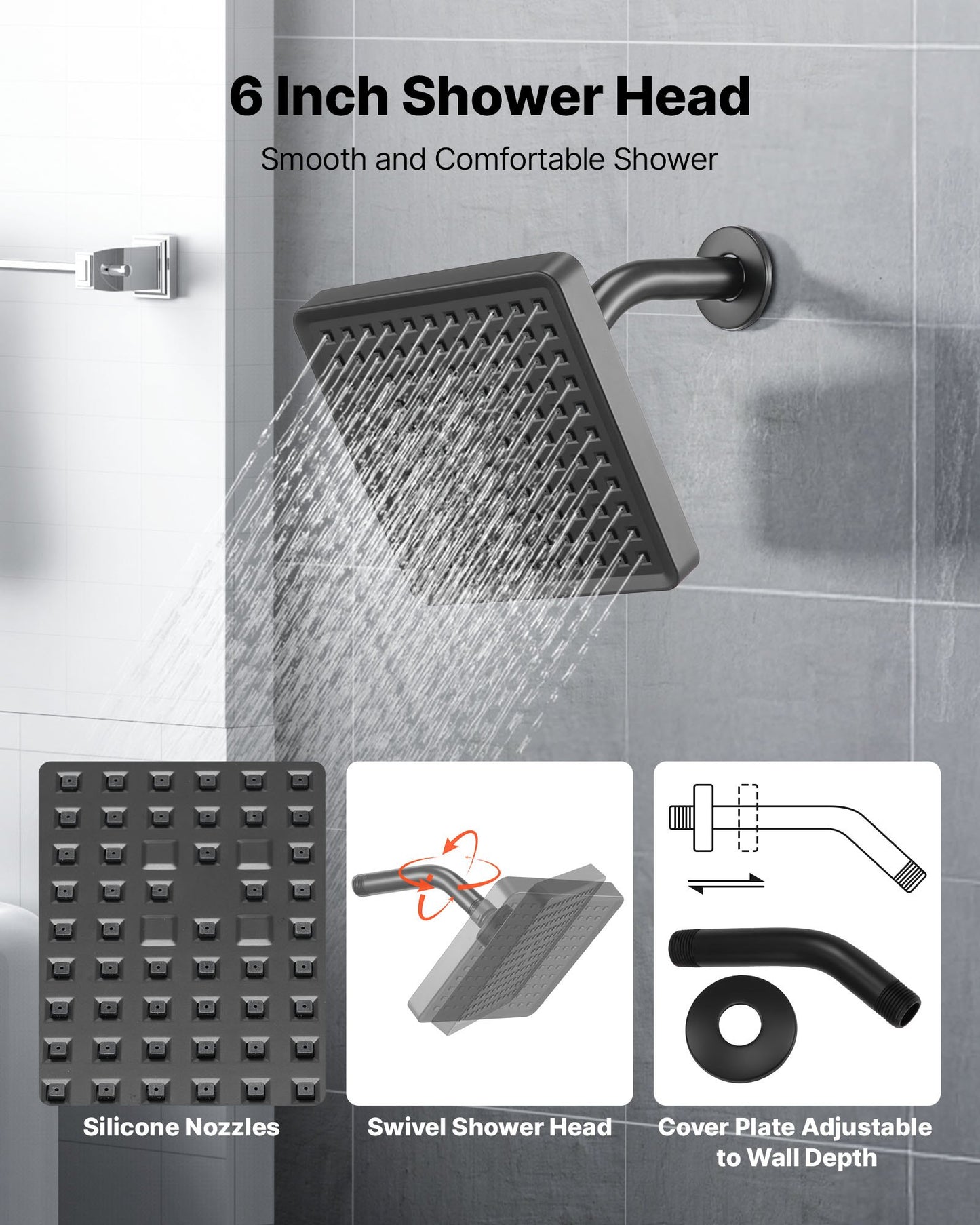 Tub and Shower Faucet Set, Complete with 6-Inch Rainfall Shower Head and Bathtub Spout, Single-Spray Single-Handle Tub Trim Kit with 304 Stainless Steel Valve Trim for Bathrooms, Matte Black